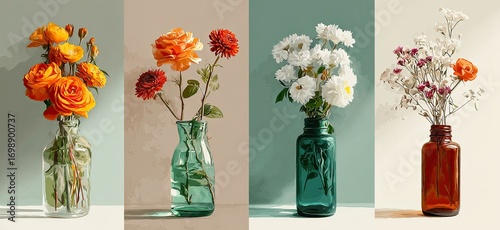Four bouquets of colorful flowers in vintage glass bottles