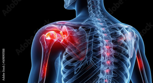3D medical illustration of human skeleton with highlighted shoulder joint pain and spine inflammation. Concept of arthritis, osteoarthritis and musculoskeletal disorder
