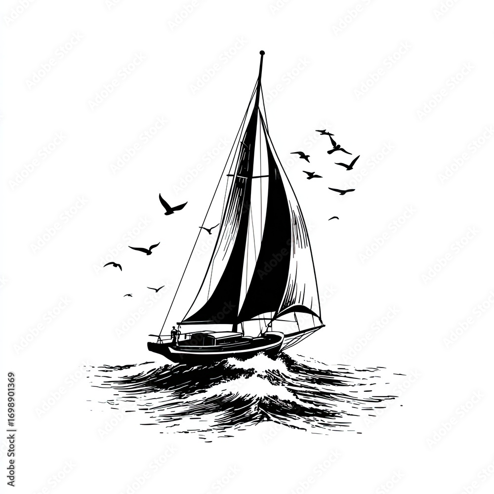 Fototapeta premium Sailing ship sketch, waves, birds