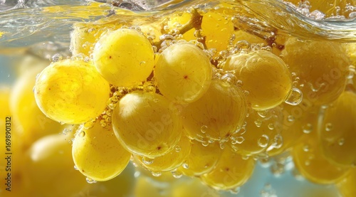 Yellow grapes submerged in water, bubbles