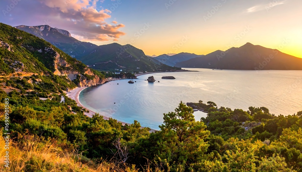 Fototapeta premium Panoramic view of a beautiful bay at sunset