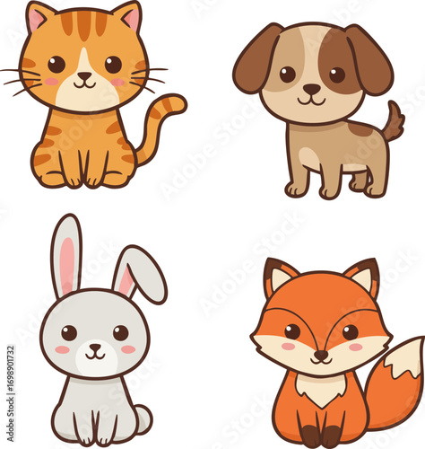 Set of Funny Cartoon Animals Flat Vector Animals Illustration