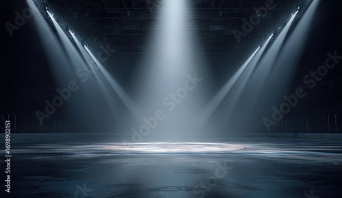 Dark arena stage lit by three spotlights