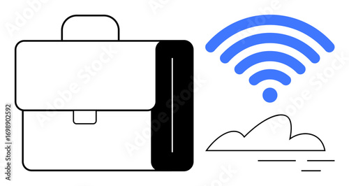 Business bag paired with cloud and wireless signal emphasizing remote work, cloud storage, digital nomad lifestyle. Ideal for technology, innovation, productivity, mobility, collaboration, modern
