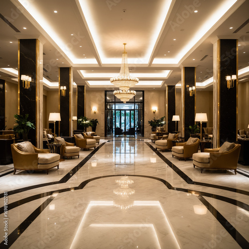 Luxury hotel lobby with marble floors and stylish seating, high detail, ambient light