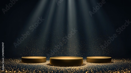 Three gold podiums under spotlight, dark background