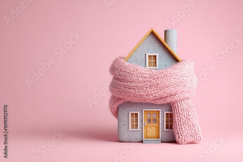 A small, gray house figurine wrapped in a pink knitted scarf, set against a pale pink background