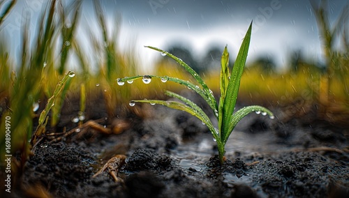 Close-up of young rice seedlings in a field during rain.  Drops of water cling to the tender leaves.  Dark, moist soil surrounds the plants.  Soft, blurred background of more plants and cloudy sky