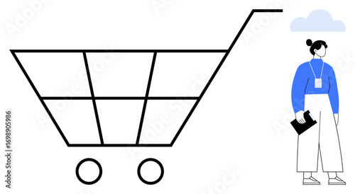 Giant shopping cart with grid design and wheels next to a woman holding a tablet in blue and white. Ideal for retail, e-commerce, customer experience, innovation, marketing, technology