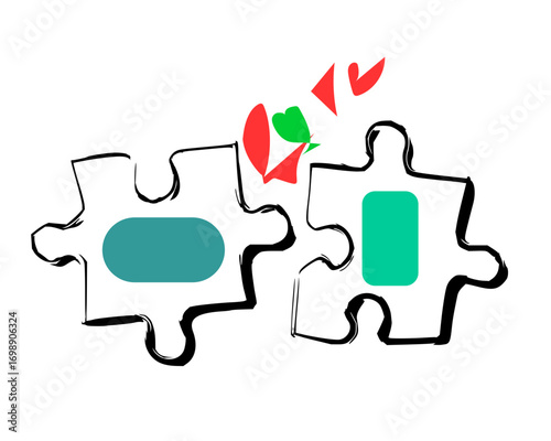 Vector art of two puzzle pieces with abstract shapes, one detached, symbolizing connection, disconnection, collaboration, and challenges in teamwork