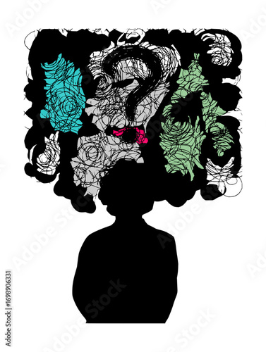 Vector art of silhouette person with chaotic thought bubble filled with abstract shapes and symbols, representing creativity, confusion, and complex thinking