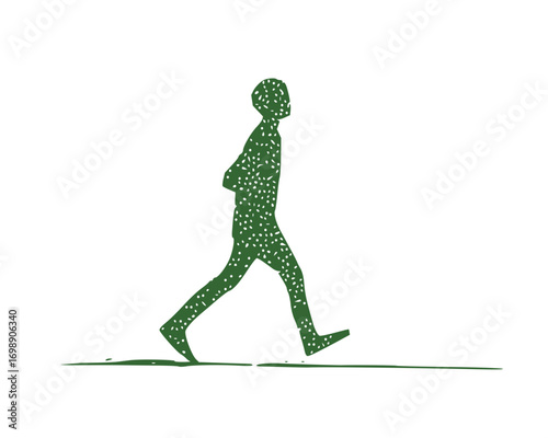 Vector art of green silhouette person walking with dotted texture fill, symbolizing individuality, progress, and human movement in business and personal growth