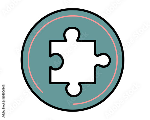 Vector art of teal circle with puzzle piece cutout in the center, symbolizing problem solving, teamwork, and strategic connection in business