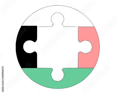 Vector art of puzzle pieces forming a circle in black, white, pink, and green, symbolizing unity, diversity, teamwork, and interconnected collaboration