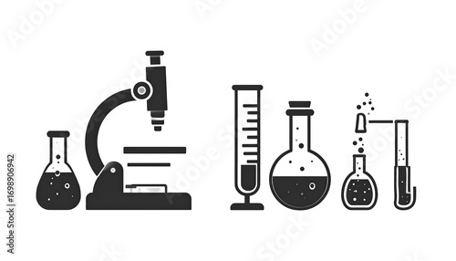 Silhouette illustration of various scientific lab equipment, including a microscope, beakers, and flasks, displayed against a plain background.