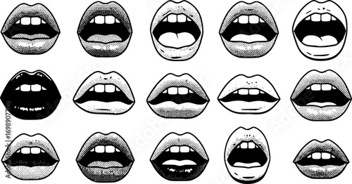 Opened woman lips as retro halftone collage elements for mixed media design. Mouth in scream in halftone texture, dotted pop art style. Vector illustration of vintage grunge punk crazy art templates. 