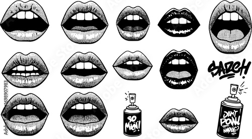 Opened woman lips as retro halftone collage elements for mixed media design. Mouth in scream in halftone texture, dotted pop art style. Vector illustration of vintage grunge punk crazy art templates. 