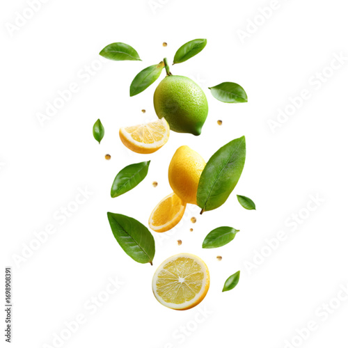 Flying yuzu slices and peel fragments with juice beads suspended mid-burst, capturing citrus freshness