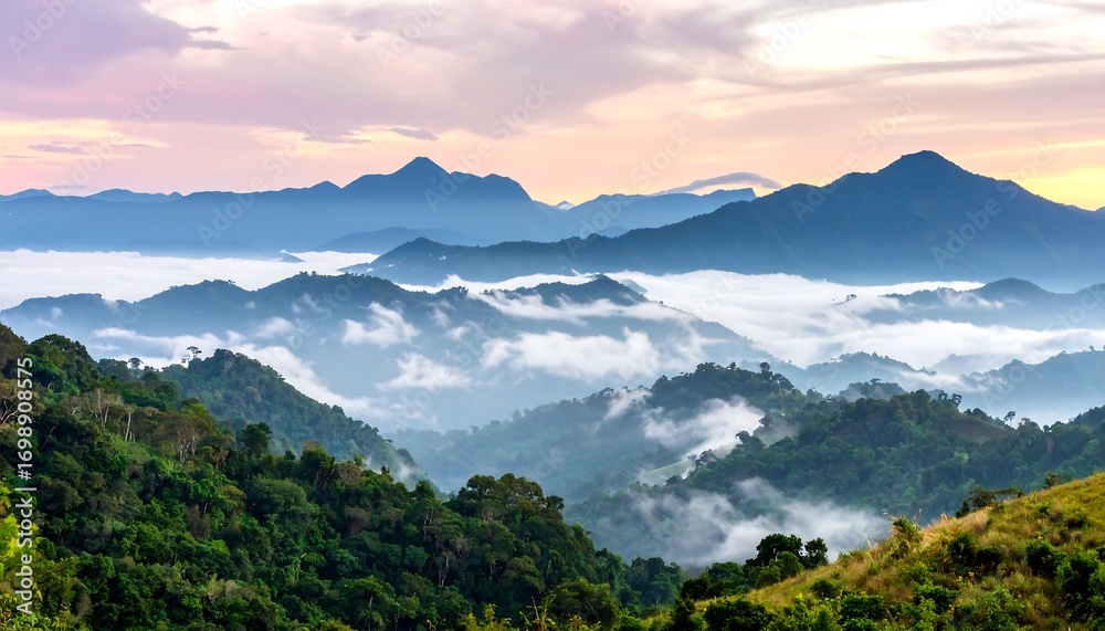 Obraz premium Misty mountain range at dawn