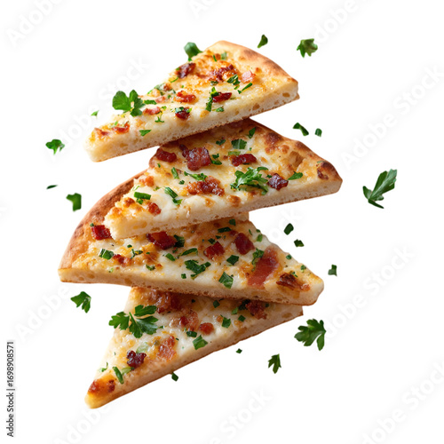 Flying slices of Tarte Flambée with thin crust, cream, onions, and bacon pieces hovering