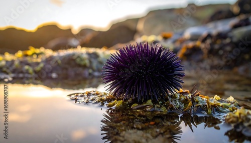 A vibrant purple sea urchin rests on a rock in a shallow tide pool, showcasing intricate details against a soft, golden sunset backdrop.