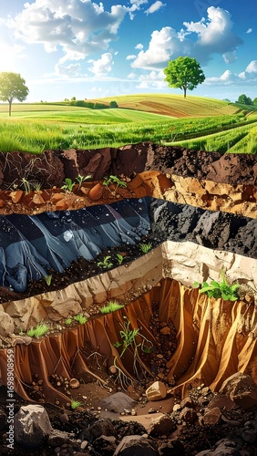 A detailed illustration of soil layers, revealing the diverse components of the earth's surface.