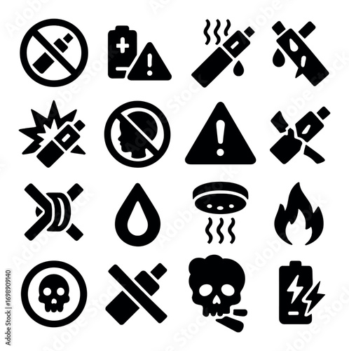 Vaping and safety silhouette icon set. featuring no vaping, battery, explosion, health risk, and warning icons