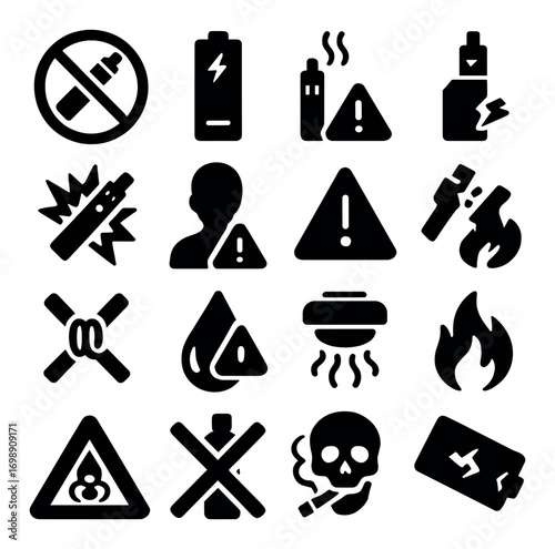 Vaping hazards silhouette icon set. featuring warning, battery, danger, explosion, and fire symbols