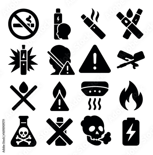 Vaping and smoking silhouette icon set. featuring vape, no smoking, warning, e-cigarette, battery, and fire symbols