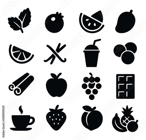 Fruits and snacks silhouette icon set. featuring leaves, blueberry, melon, mango, citrus, vanilla, drink, and more