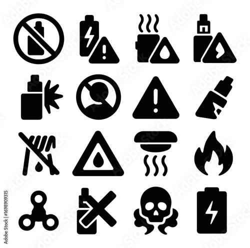 Safety warnings silhouette icon set. featuring battery, fire, skull, explosion, no smoking, and hazard symbols