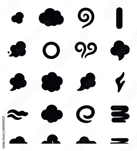 Weather silhouette icon set. featuring cloud, wind, whirlwind, rain, fog, and tornado symbols