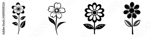 A stylized black and white illustration of a single daisy-like flower with ornate leaves serves as an elegant floral icon, perfect for adding a touch of classic elegance to any design