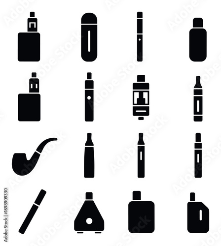 Vaping devices silhouette icon set. featuring vape pen, mod, e-liquid, e-cigarette, and atomizer symbols