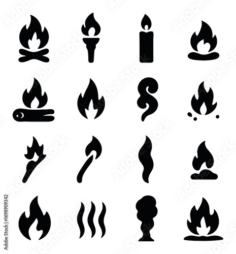 Fire and flame silhouette icon set. featuring campfire, torch, candle, matchstick, smoke, bonfire symbols