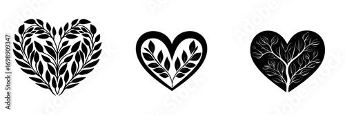 The design Heart with Floral Ornament features an elegant black and white illustration of a heart surrounded by stylized floral elements, representing love, nature, and growth