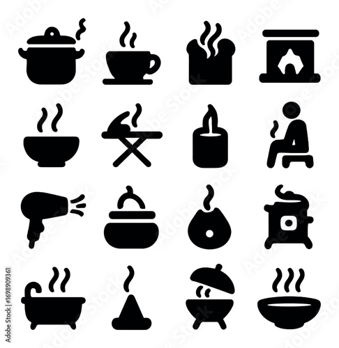 Home warmness silhouette icon set. featuring pot, cup, toast, fireplace, and more cozy symbols