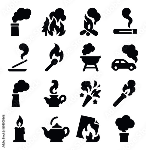 Fire and smoke silhouette icon set. featuring factory, fire, campfire, cigarette, grill, car, match, and candle symbols
