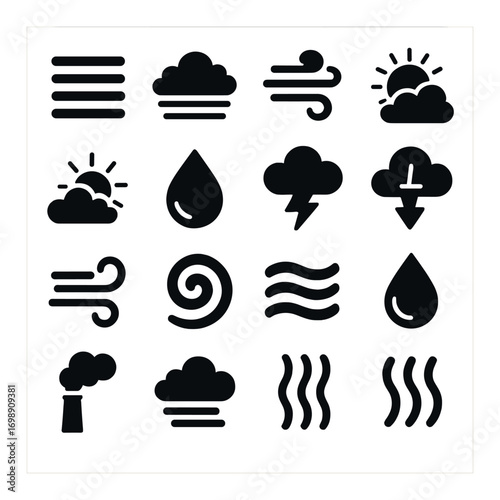 Weather silhouette icon set. featuring clouds, wind, rain, sun, storm, fog, download, and environmental symbols