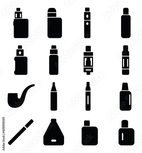 Vaping devices silhouette icon set. featuring mods, tanks, e-liquid bottles, and vape pens
