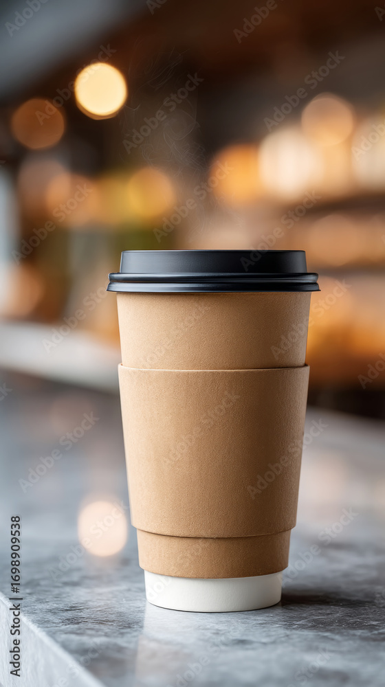 Eco-friendly branded coffee cup on marble counter in cozy café setting Eco-friendly branded coffee cup on marble counter in cozy café setting