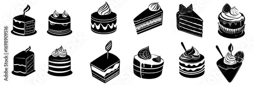 Cherry Cake Icons is a collection of four elegant black and white icons showcasing delectable cherry cakes, ideal for use on bakery menus, websites, or mobile applications, with each cake boasting