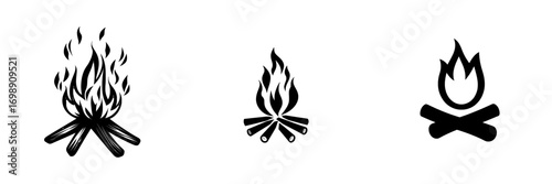 A stylized campfire illustration, depicted in bold black and white, showcases vibrant flames rising from crossed logs, embodying warmth, adventure, and the great outdoors