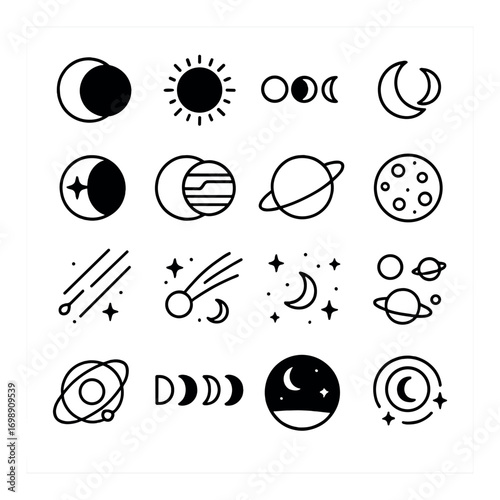 Astronomy and celestial silhouette icon set. featuring moon, sun, planets, stars, and comets symbols