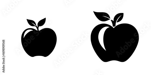 A bold, black and white illustration of an apple, featuring a single leaf, ideal for use in logos, branding, or graphic design projects, is represented by the Simple Apple Icon