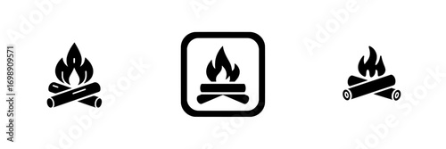 The Burning Logs Icon represents a contemporary, monochromatic illustration of two logs surrounded by intense, blazing flames, embodying warmth, energy, and the potency of fire