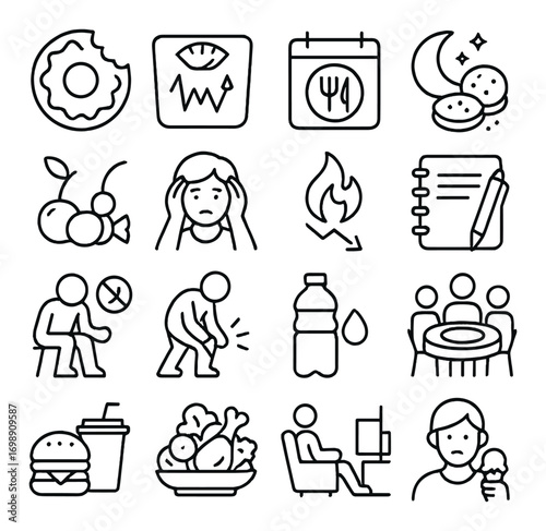 Health and lifestyle linear icon set. featuring stress, exercise, hydration, nutrition, and diet symbols