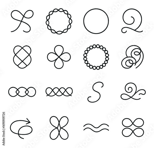 Decorative design linear icon set. featuring loop, swirl, circle, arrow, wave, and floral symbols