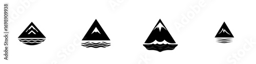 A minimalist graphic design titled Abstract Mountain Range features three stylized mountains emerging from a circular base, conveying serenity and strength