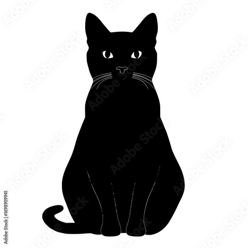 Against a clear background, a sleek black cat silhouette is poised, its elegant form outlined in a simple, yet bold and striking manner